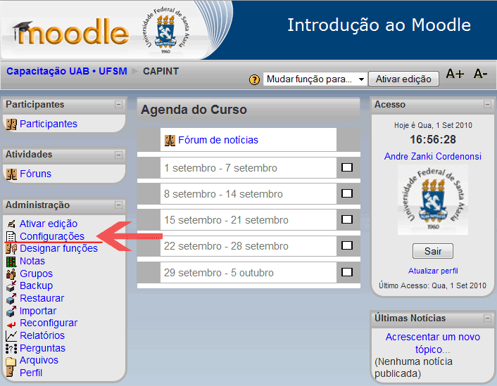 Acessando as Configurações da Disciplina