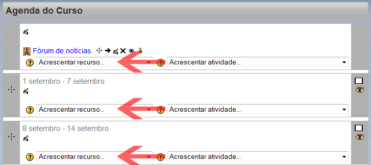 Listas de opções Acrescentar Recurso e Atividade