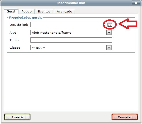 janela pou-up para inserir/editar links