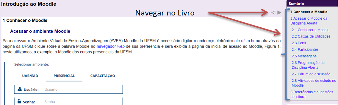 Navegar no livro do livro através das setas ou clicar sobre os links do lado direito do conteúdo do livro